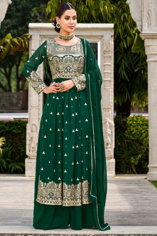 Green Zari Embroidered Georgette Palazzo Suit