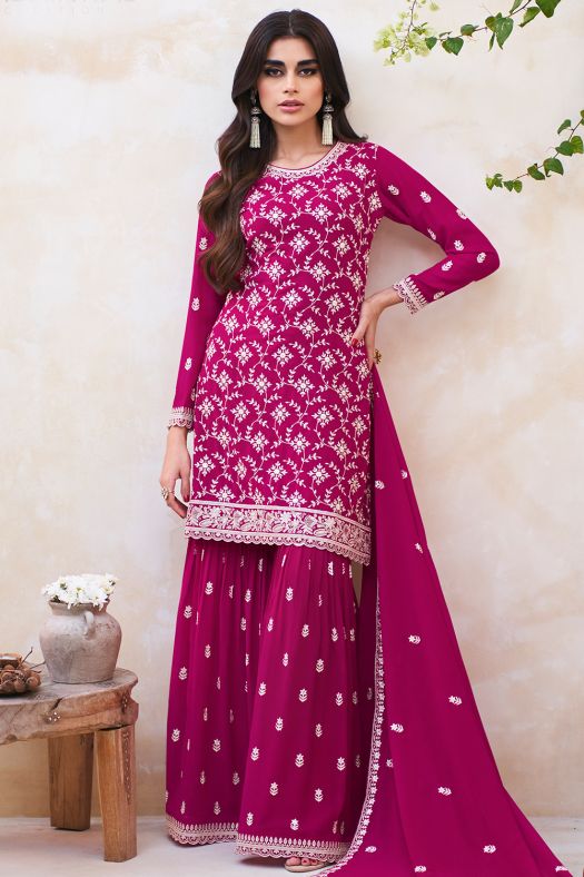 Hot Pink Embroidered Georgette Gharara Suit