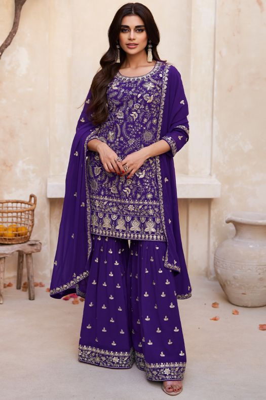 Dark Purple Embroidered Georgette Gharara Suit