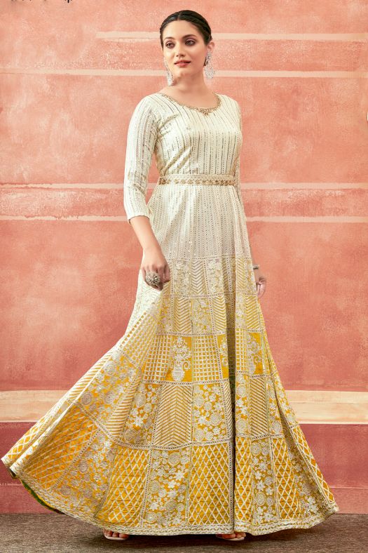 Off White And Yellow Georgette Embroidered Festive Anarkali Suit