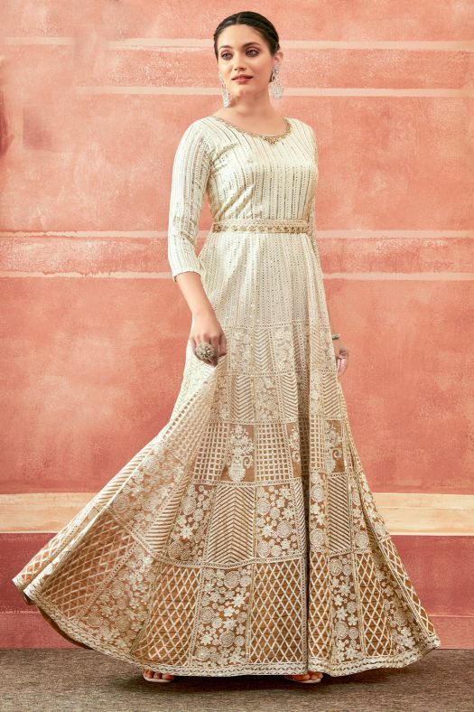 Off White And Peach Georgette Embroidered Festive Anarkali Suit