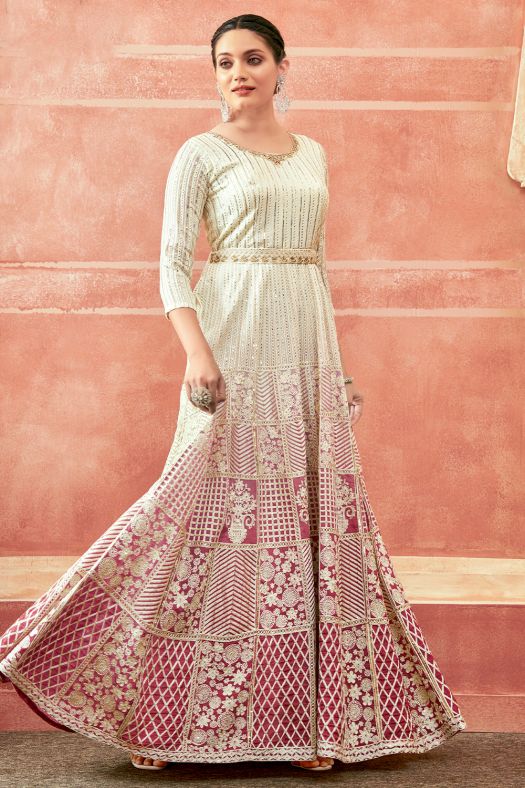 Off White And Pink Georgette Embroidered Festive Anarkali Suit