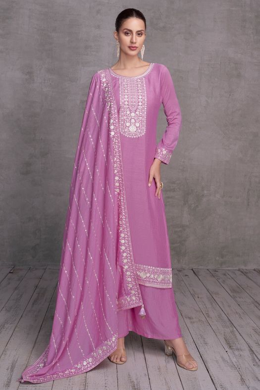 Lilac Purple Sequence Embroidery Silk Palazzo Suit