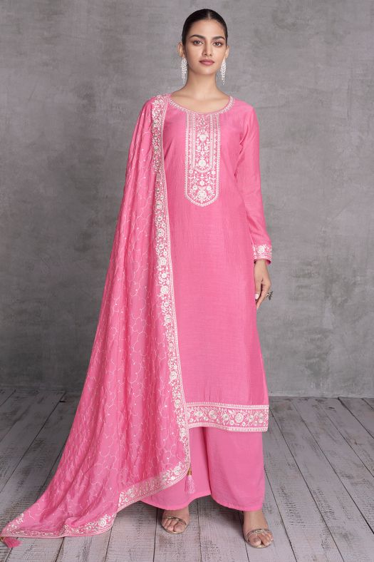 Pink Sequence Embroidery Silk Palazzo Suit