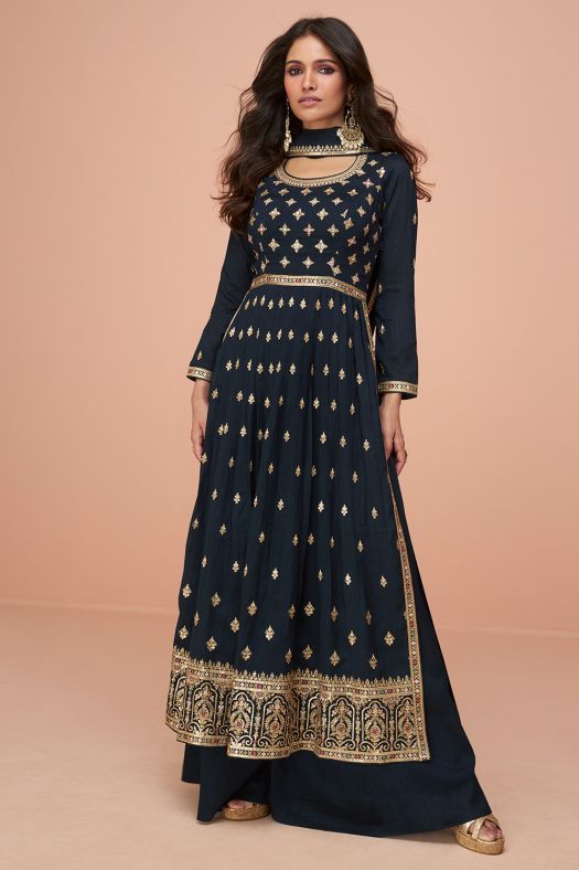 Blue Embroidery High Slit Silk Palazzo Suit