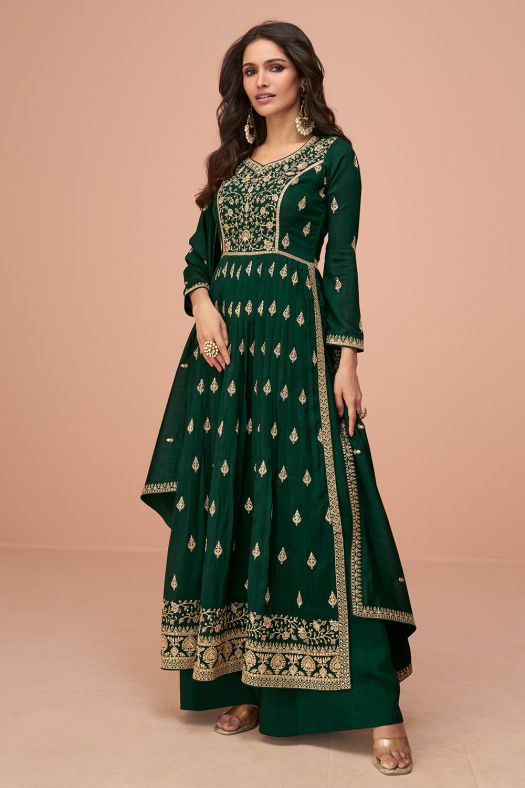 Dark Green Embroidery High Slit Silk Palazzo Suit