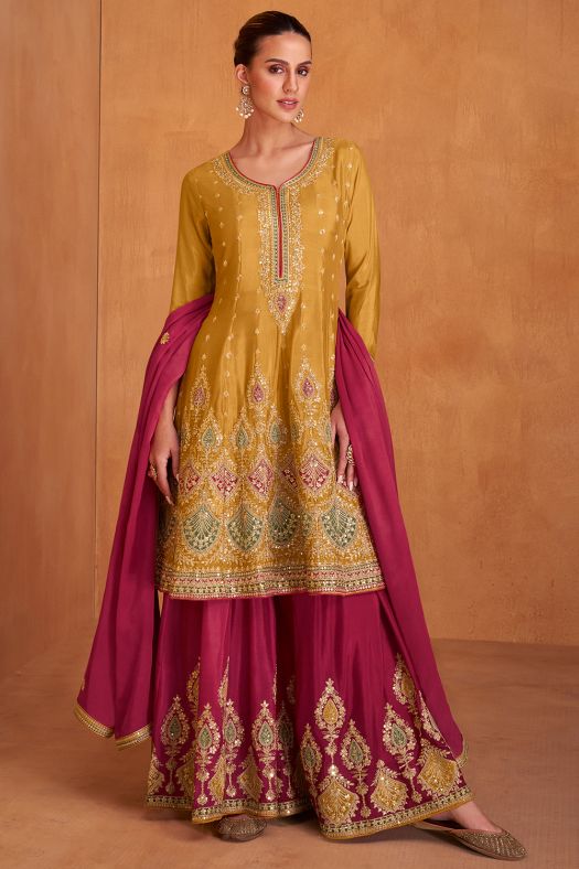Yellow and Pink Chinnon Sharara Set