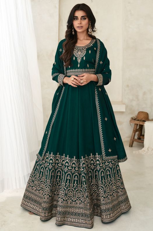 Dark Green Silk Anarkali Suit