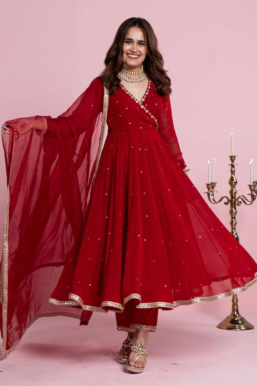 Red Georgette Angrakha Suit