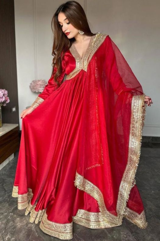 Red Long Flared Silk Anarkali Gown