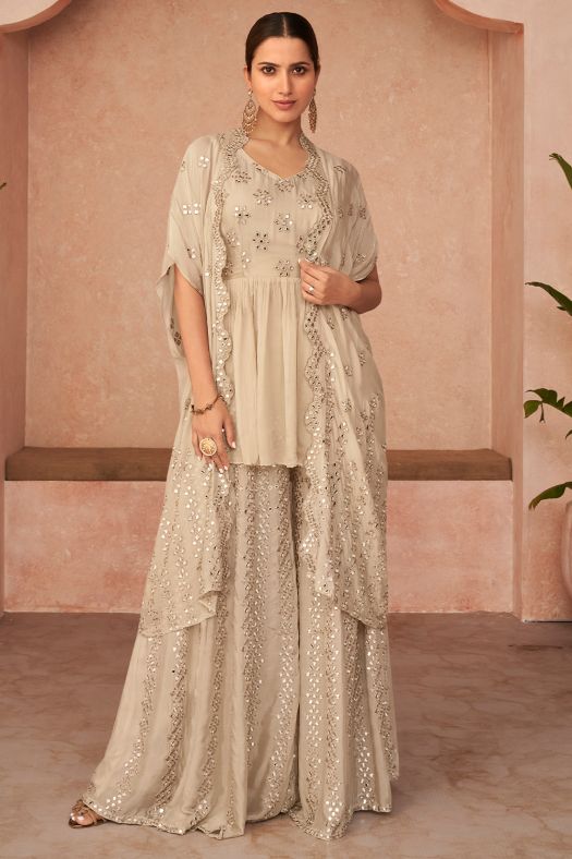 Cream Georgette Embroidered Designer Palazzo Set