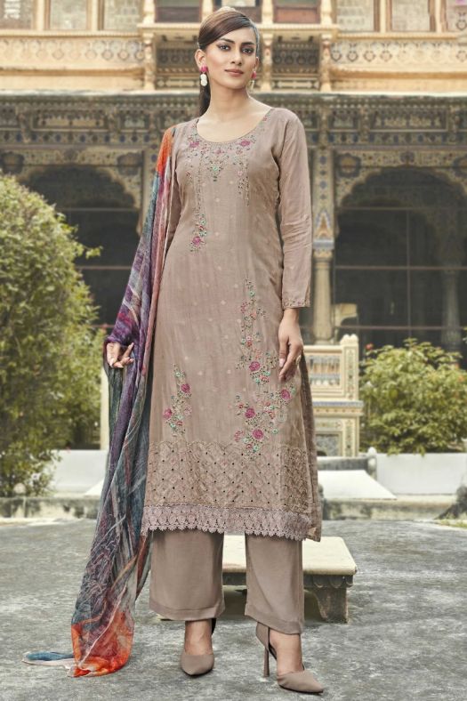 Beige Kurta Pants Set With Mirror Work