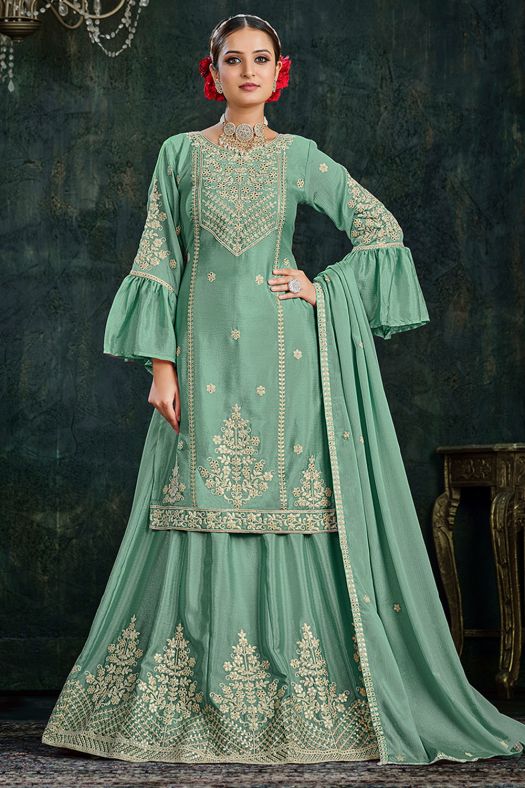 Pastel Green Chinnon Long Choli Lehenga