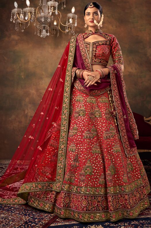 Red Velvet Embroidered Lehenga