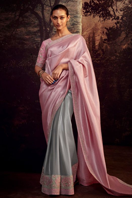 Grey and Pink Embroidered Fancy Fabric Silk Saree