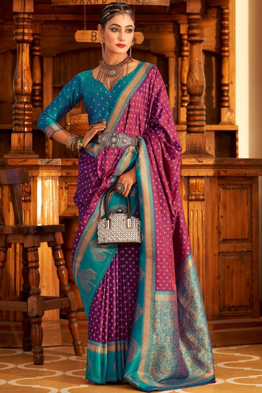 Wine Soft Banarasi Saree With Copper Weaving