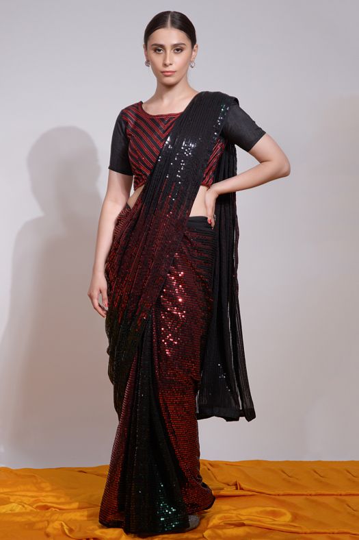 Maroon Multi Color Sequins Embroidered Georgette Party Wear Saree