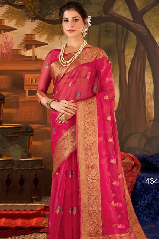  Red Woven Organza Broad Border Saree