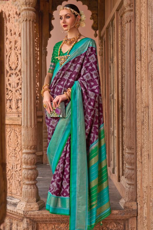Purple Printed Broad Border Silk Saree
