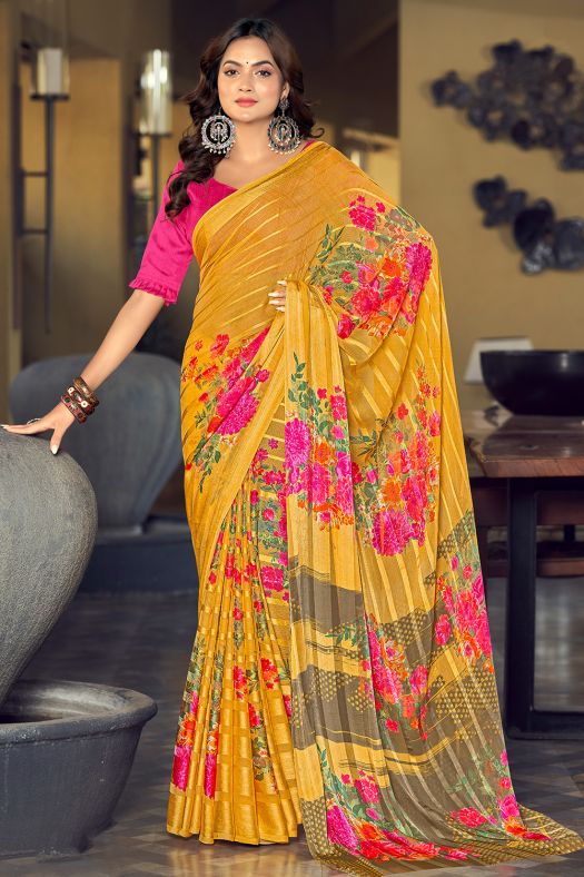Mustard Yellow Floral Printed Silk Saree