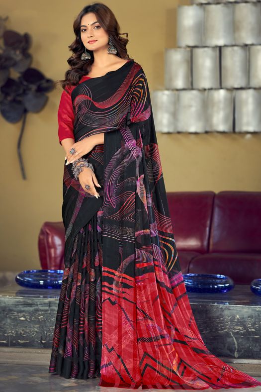 Black Abstract Printed Silk Saree