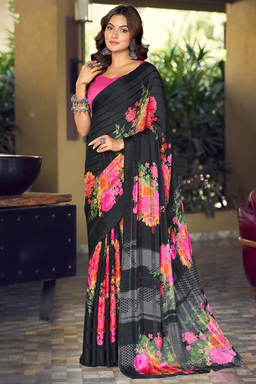 Black Floral Printed Silk Saree