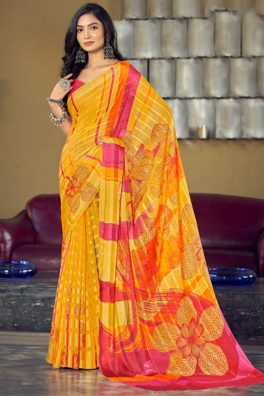 Yellow Printed Saree in Silk