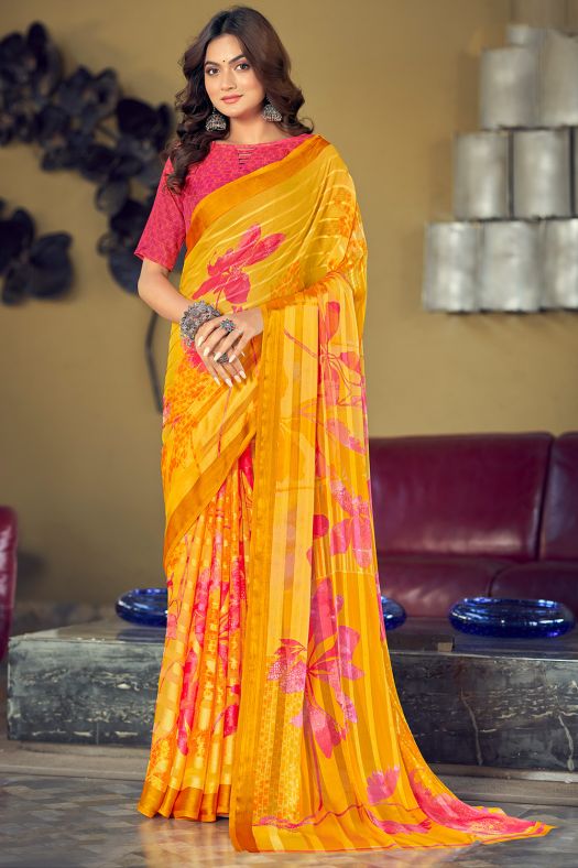 Mustard Yellow Silk Printed Saree