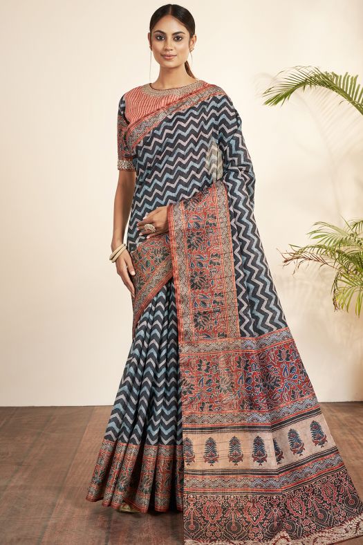 Blue Stripe Printed Silk Saree