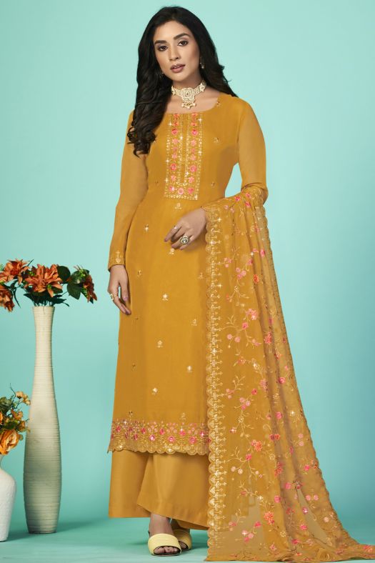Mustard Yellow Embroidered Organza Kurta Set with Sequins