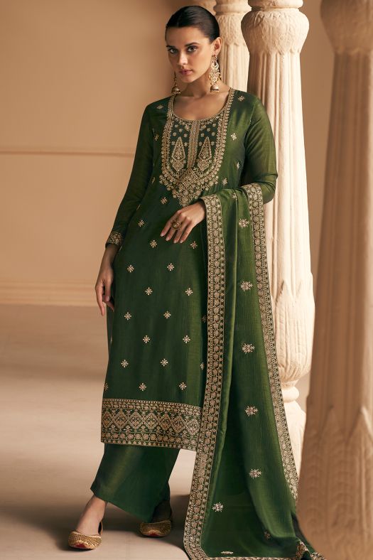 Olive Green Silk Embroidered Kurta Set