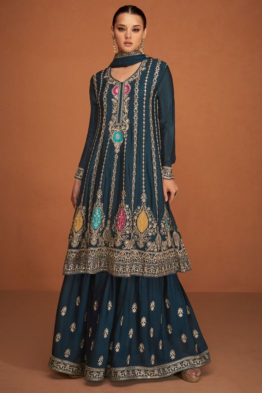 Blue Chinnon Sharara Suit 