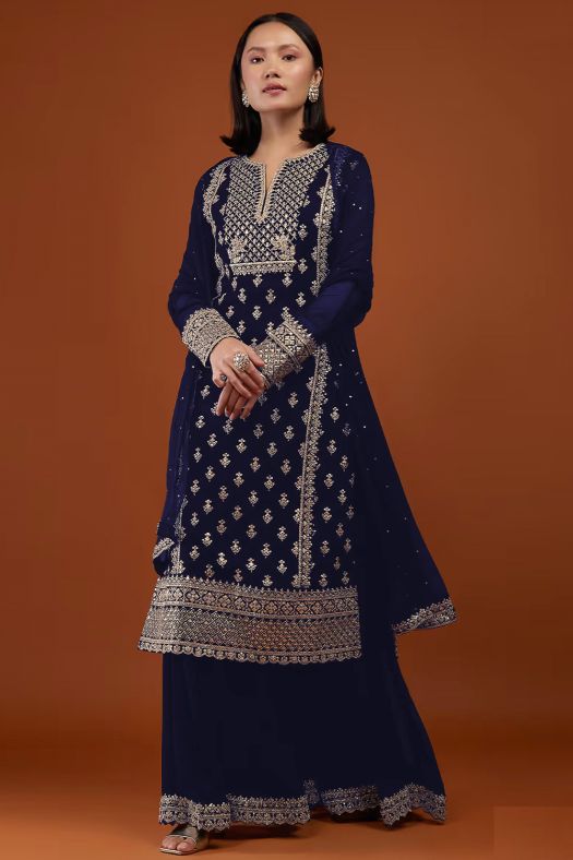 Navy Blue Dori Embroidered Georgette Palazzo Suit
