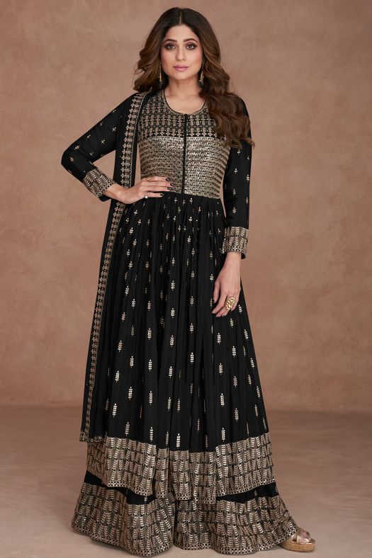 Black Embroidered Georgette Anarkali Style Palazzo Suit
