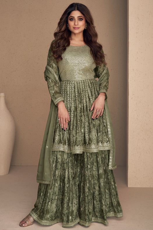 Green Chinnon Silk Sharara Suit
