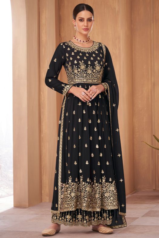 Black Georgette Embroidered Palazzo Suit