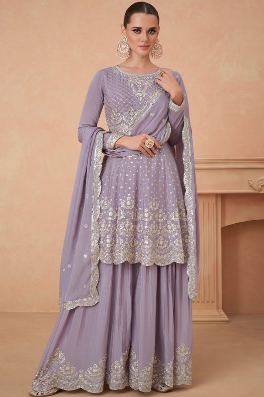 Lavender Embroidered Chinnon Sharara Suit