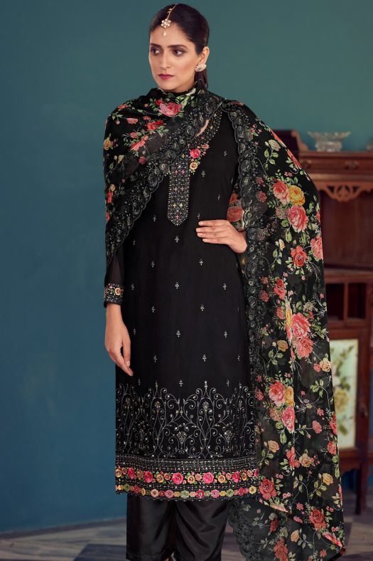 Black Georgette Embroidered Pant Suit