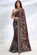 Dark Brown Floral Embroidered Georgette Silk Saree