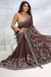 Dark Brown Floral Embroidered Georgette Silk Saree