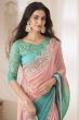 Peach and Turquoise Ombre Satin chiffon Silk Embroidered Saree