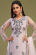 Pastel Pink Kurti Pant Set in Banglori Silk With Floral Embroidery