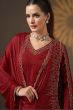 Dark Red Chiffon Black Stone Straight Cut Suit Set