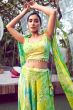 Yellow and Green Printed Silk Lehenga Set With Shoulder Dupatta
