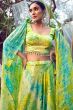Yellow and Green Printed Silk Lehenga Set With Shoulder Dupatta