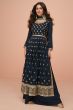 Blue Embroidery High Slit Silk Palazzo Suit