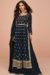 Blue Embroidery High Slit Silk Palazzo Suit