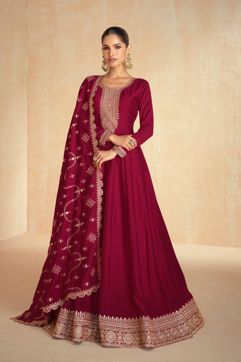 Maroon Embroidered A Line Anarkali Suit Set