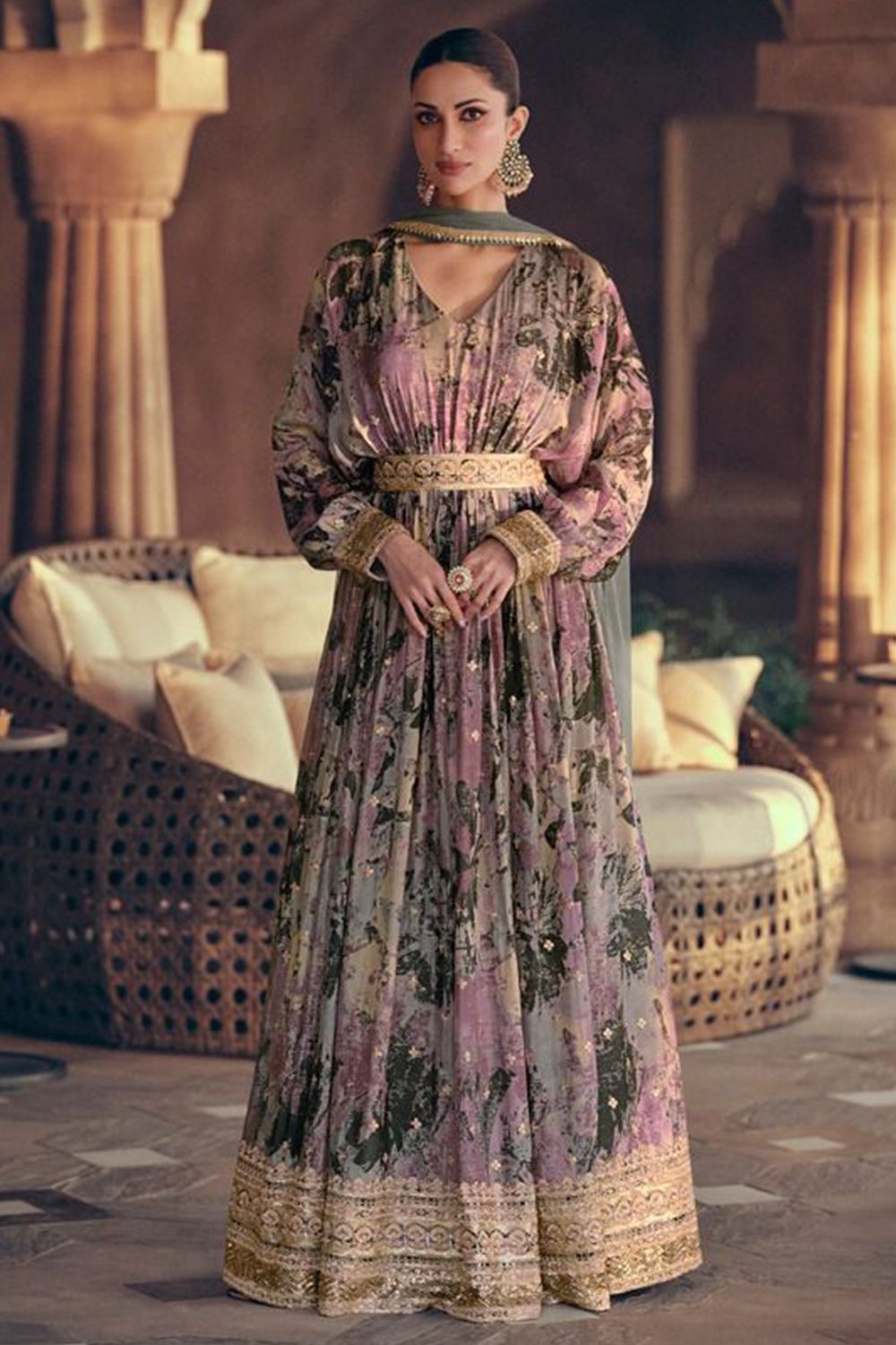 Multicolor Printed Georgette Embroidered Anarkali Gown