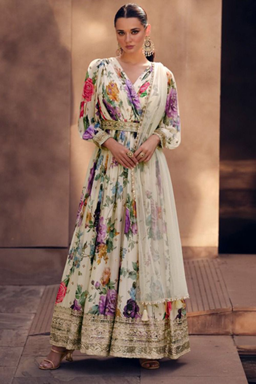 Ivory Multi Print Georgette Embroidered Anarkali Gown